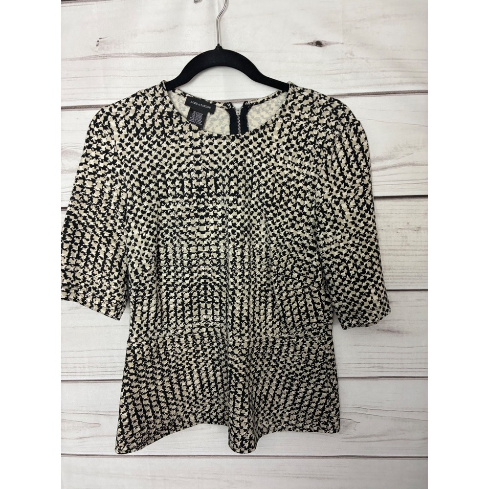 Lord &‎ Taylor Black Cream Houndstooth Short Sleeve Zipper Back Top Large